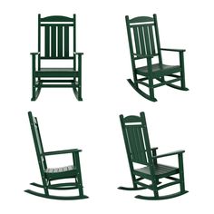 four green rocking chairs on a white background