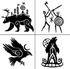 four black and white symbols depicting native animals, birds, and people in the woods