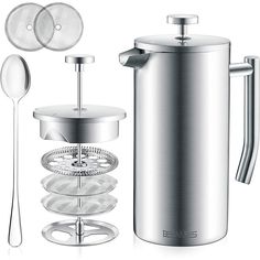 a stainless steel french press coffee maker and accessories