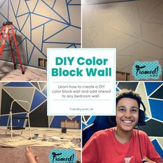 a collage of photos showing how to create a diy color block wall