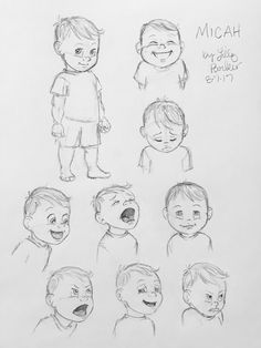 a drawing of different faces and body parts in various stages of development, with the child's head slightly tilted to the side