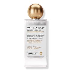 Vanilla Baby Luxury Body Oil - VNILA BBY LUX BDY OIL 3.1OZBenefitsA buildable body shimmer oil that provides a radiant sheen, perfect for beach days and brunchesVisibly plumps skin with moisture-boosting vitamin B3Full of skin-loving antioxidants that nourish and renewWith notes of vanilla, pear, and caramel, skin smells instantly scrumptiousKey IngredientsBakuchiol: A gentle retinol alternative that boosts collagen and stimulates cell renewal to firm sagging skin.Vanilla: Prevents and improves Vanilla Scented Body Oil, Truly Body Oil, Truly Body Care, Luxury Body Care Products, Body Oil Vanilla, Body Care Vanilla, Vanilla Self Care Products, Body Oil Aesthetic, Vanilla Body Care