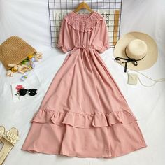 Short-Sleeve Round Neck Plain Ruffle Shirred Maxi A-Line Dress Total Length Bust Sleeve Length Waist 127 112 28 130 measurement is cm.Product Information Material: 95% Polyester Color: Black Rose Pink, Army Green, A Line Dress, New Dress, Light Pink, Wigs, Round Neck, Sleeve Length, Pink