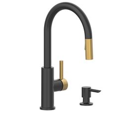 a black faucet with gold accents on the side and two handles in front