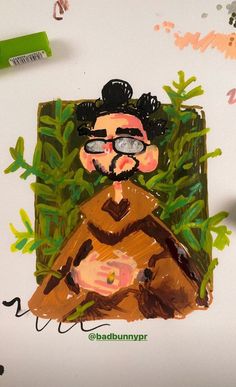 a child's drawing of a man with glasses and beard sitting in the grass