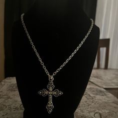 Silver Cross Necklace Made By Hand! Can Adjust To Your Preferred Size! |Same - To Next Day Shipping | Casual Cross Jewelry Gift, Casual Cross Jewelry For Gifts, Pretty Cross Necklace, Y2k Cross Necklace, Big Silver Necklace, Vintage Silver Necklace, Y2k Cross, Y2k Necklace, Cross Necklaces