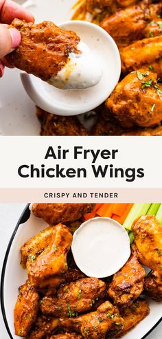 air fryer chicken wings on a plate with ranch dressing