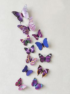 a bunch of butterflies that are flying in the air on a white surface with no one around them