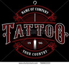 a tattoo shop sign with the name and logo in red on a black back ground