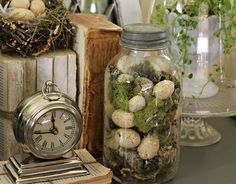 add moss and eggs to a vintage mason jar Glass Cloche Decor, Victorian Library, Stone Gable, Cloche Decor, Fern Moss, Round Things, Vintage Mason Jars, Pickle Jar, Savvy Southern Style