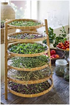 a wooden table topped with lots of different types of vegetables and herbs in baskets on top of it