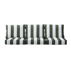 three green and white striped pillows sitting on top of each other