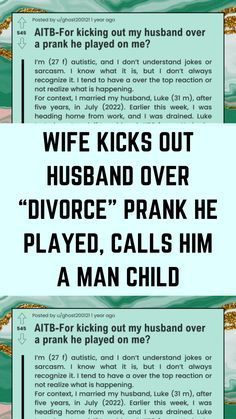 an advertisement for a man child's play with the text wife kicks out husband over divore prank he played calls him a man child