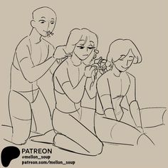 a drawing of three people sitting on the ground and one is brushing their teeth with another person