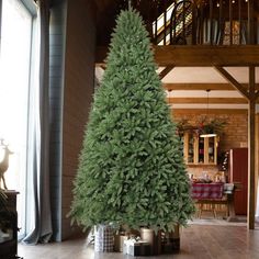 a large christmas tree sitting in the middle of a living room