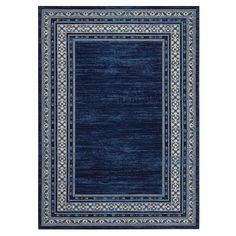 a blue area rug with an ornate border on the bottom and sides, in front of a white background