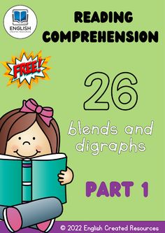 a girl reading a book with the text reading comprehension 26 blends and diagrams part 1