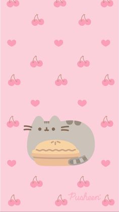 a pink background with an image of a cat on it's face and some cherries