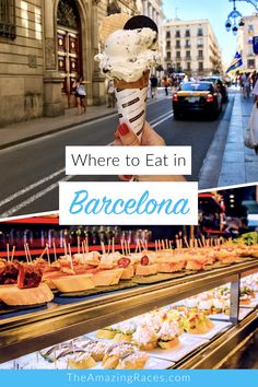 a collage of images with the words where to eat in barcelona, spain and pictures of food on display