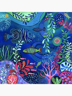 an underwater scene with fish and corals in blue, green, red and orange colors