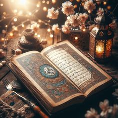 an open book sitting on top of a table next to candles and flowers with lights in the background