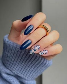 Navy Nails, January Nails, Floral Nail Designs, Blue Spring, Flower Nails