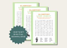 three printable worksheets with the words all saints day and word search on them