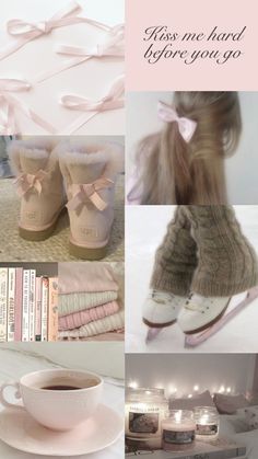 a collage of photos with pink and white items in them, including shoes, sweaters, coffee cup, books, and candles