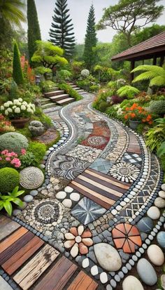 a garden path made out of stones and pebbles