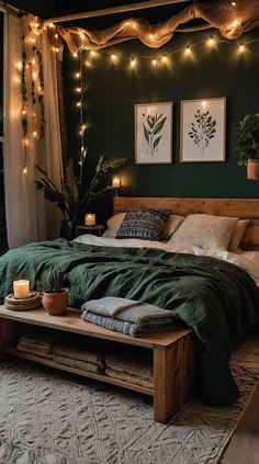 a bedroom with green walls and lights on the ceiling, bed in front of window