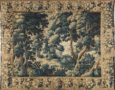 an old tapestry with trees and animals in the woods on it's border,