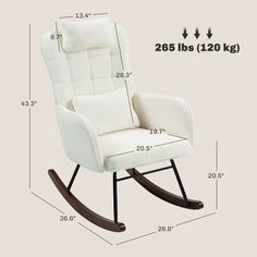 a white rocking chair with measurements for it