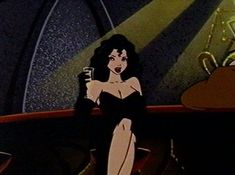 an animated image of a woman holding a wine glass in front of a man sitting at a table