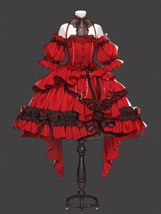 Red Anime Outfit Female, Black And Red Dress Outfit, Red Dress Anime, Red Black Outfit, Cute Anime Outfits, Dark Red Dresses, Royal Dresses, Red Dress Outfit, Dress Design Sketches