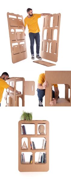 Cardboard shelving system Cardboard Shelves, Cardboard Furniture Design, Carton Design, Clay Crafts For Kids, Cardboard Display, Museum Exhibition Design, Project Presentation, Cnc Furniture, School Interior