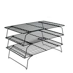 three tiered metal rack with two shelves on each side and one shelf above it