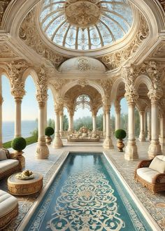 an indoor swimming pool in the middle of a room with columns and arches around it