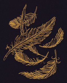 the embroidery design is gold and black with feathers on it's back, as well as an arrow