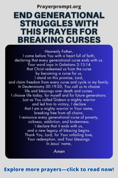 the front cover of a prayer book with text that reads, end generational struggles with this prayer for breaking curses