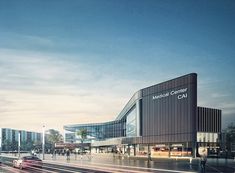 an artist's rendering of the medical center in front of a building with cars driving by