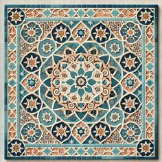 an intricately designed tile with blue and brown colors on the outside, is shown