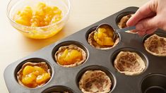 2-Ingredient Peach Pie Cups Recipe - Pillsbury.com Cinnamon Roll With Peaches, Cinnamon Rolls With Peach Pie Filling, Peach Pie Cups, Desserts With Peach Pie Filling, Peach Dessert Cups, Cinnamon Rolls With Fruit Filling, Peaches And Cinnamon Rolls, Peach Cups, Pillsbury Desserts