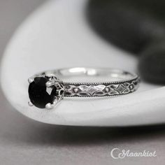 Sterling Silver Black Spinel Promise Ring | Moonkist Designs Goth Wedding Ring, Medieval Wedding Ring, Moonstone Engagement Ring Rose Gold, Black Gemstone Ring, Gothic Engagement Ring, Black Spinel Ring, Black Engagement Ring, Sterling Silver Promise Rings, Black Wedding Rings