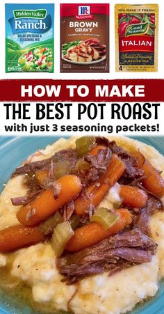 a blue plate topped with mashed potatoes and carrots next to two packets of instant pot roast