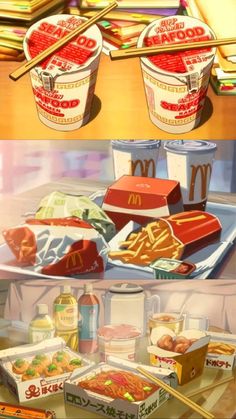 some food that is sitting on a table and in front of them are mcdonald's