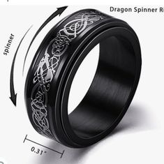 One Order Has 1pcs Dragon Spinner Rings. Upgraded Spinner Ring For Stress Relief, You Could Spin The Outer Band A Full Rotation With Ease, Never Worried About Bother Others. The Surface Of The Spinner Rings For Men Is More Durable And Shiny, Give You A Comfortably Wear Experience. The Stainless Steel Spinner Band Ring Has Simple And Classic Design. 8mm Width, Brushed Texture Of Surface, Classic Bevel Design, Which Is The Best Choice For Gift. These Black Stainless Steel Men's Rings Are Made Of 3 Mens Stainless Steel Rings, Celtic Dragon, Ring Settings Types, Dragon Pattern, Stainless Steel Ring, Ring For Men, Spinner Rings, Fidget Spinner, Color Ring