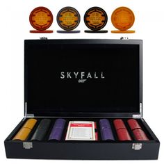 six different colored lighters in a black box with the words skyfall on it