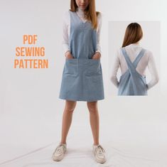 a woman wearing a blue apron dress and white shirt with the words sewing pattern on it