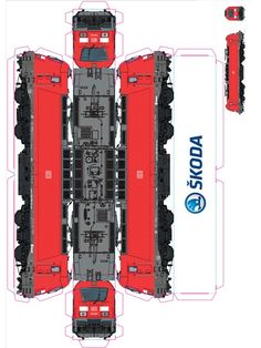 an overhead view of the front and rear parts of a red tractor with four wheels