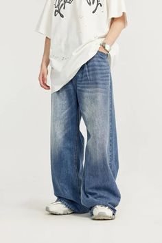 If it's wide-leg, It gotta be high-waist. DETAILSMaterial: Cotton, Polyester Closure Type: Zipper FlyFabric Type: Softener Baggy Outfits Men, Wide Leg Pants Pattern, Jeans Online Store, Baggy Denim Jeans, Pants Outfit Men, Street Jeans, Denim Decor, Oversized Jeans, Baggy Style